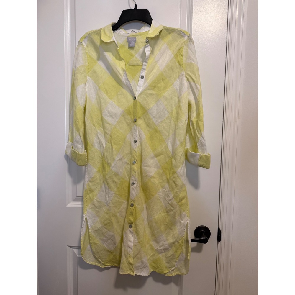 Chico's Linen Tunic Dress Womens 1 Size 8 Yellow White Excellent Gingham Plaid